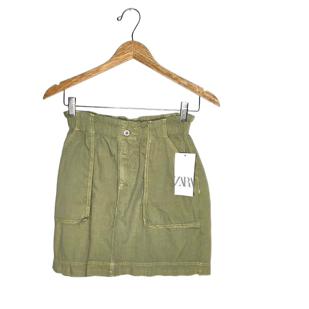 Zara Paperbag Waist Cargo Mini Skirt in Olive Green Raw Frayed Hemline Size S‎